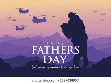 Celebrate Father's Day 2025 with emotional silhouette of a soldier dad hugging his child at sunset before duty —perfect for fathers day celebration for military families in USA. 