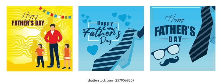 Celebrate Father's Day with family. The symbol of a tie and glasses, reflects appreciation and joy for fathers. Father's Day concept. Set flat vector illustration.