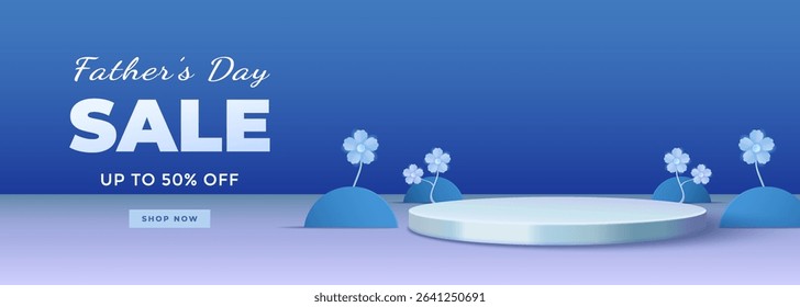 Celebrate Fathers Day with a special sale offering discount. Featuring a vibrant design with a blue background, elegant decorations, and promotional text to attract shopping interest and festivity.