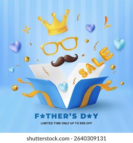 Celebrate Fathers Day with this festive design featuring a gift box, playful decor, and promotional text. Perfect for promoting sales, events, and themed campaigns honoring fathers.
