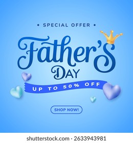 Celebrate Fathers Day with this promotional banner, showcasing a special offer and discounts. Perfect for advertisements, promotions, or specials for the occasion.