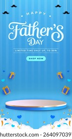 Celebrate Fathers Day with this promotional banner featuring gifts, blue background, and discounts. Ideal for marketing campaigns and festive celebrations.