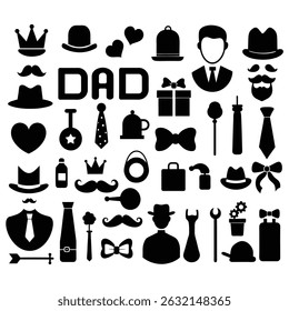 Celebrate Father's Day with this vector icon set featuring classic dad accessories like ties, mustaches, hats, and more. Perfect for cards, prints, and gifts.