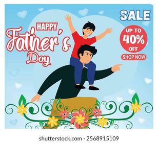 Celebrate Father's Day with this vibrant poster design featuring a father and child alongside sale details. Festive and family oriented with eye catching floral accents. 