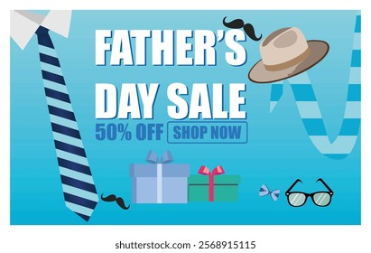 Celebrate Father's Day with this vibrant sale featuring ties, hats, gifts, and glasses. Perfect for promotions during this special holiday honoring fathers and showcasing gift ideas and discounts.