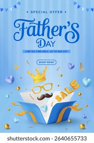 Celebrate Fathers Day with this vibrant promotional banner featuring a crown, glasses, and festive designs, perfect for advertising discounts and special offers tailored to honoring dads.