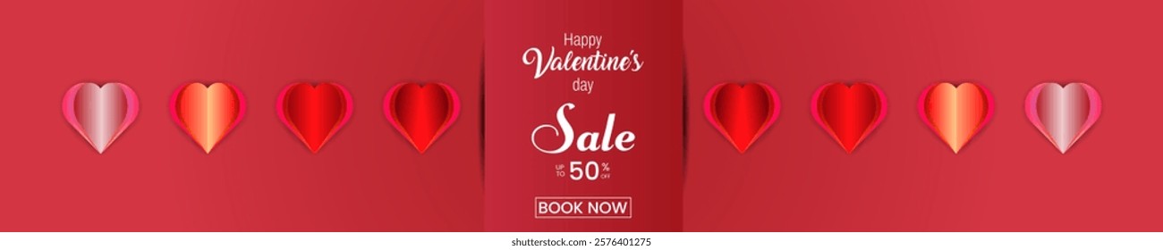 Celebrate February 14th Valentine’s Day with a romantic sale banner featuring heart shapes and Valentin design. Perfect for special offers, discounts and promotions. Valentin icons, concept pattern