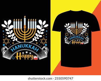 "Celebrate the Festival of Lights in style with this vibrant Hanukkah t-shirt, featuring festive designs like menorahs, dreidels, and joyful messages. Perfect for spreading holiday cheer!"