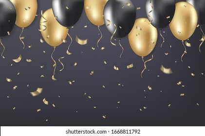 Celebrate festive background with golden and black balloons and gold sparkles confetti. Dark background. Realistic 3d style. Vector illustration.