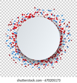 Celebrate festive holiday party design and confetti on transparent background. Circle paper speech bubble space for any text. Holiday Anniversary and Happy Birthday. Vector Illustration.