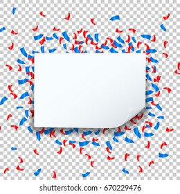 Celebrate festive holiday party design with confetti and speech bubble square frame transparent background. Vector Illustration.