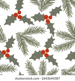 Celebrate the festive spirit with a hand drawn Christmas and New Year pattern featuring holly and pine vector illustration