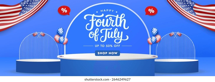 Celebrate the Fourth of July with sale banner design featuring patriotic elements, showcasing discounts, American flags, balloons, and a vibrant blue background, ideal for special holiday promotions.