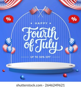 Comemore o 4 de julho com este design de banner de venda festiva, com balões coloridos, decorações patrióticas e bandeiras dos EUA mostrando uma mensagem promocional para descontos do Dia da Independência.