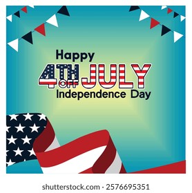 Celebrate Fourth of July with a vibrant design featuring patriotic elements including the American flag, festive bunting, and bold text. Flat vector modern illustration 