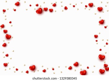 Celebrate frame. Background with red hearts and round beads