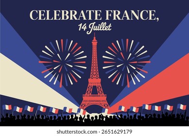 Pôster comemorativo da França com a Torre Eiffel e fogos de artifício para a arte da celebração do Dia da Bastilha de 14 de julho