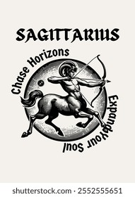 Celebrate the free-spirited Sagittarius with a design that encourages exploration with quote. Design vector illustration for T-shirts, mugs, typography, poster and more. Zodiac characteristic.