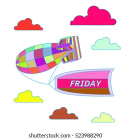 Celebrate Friday. Colorful vector illustration of blimp carrying flag with Friday logo.   