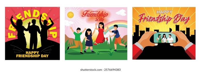 Celebrate Friendship Day. kids are Jumping and laughing. Group of three friends taking a photo with a smart phone. Set flat vector modern illustration 