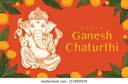 celebrate Ganesh Chaturthi elephant worship with worship  yellow flowers and mango leaf  retro old line art etching vector