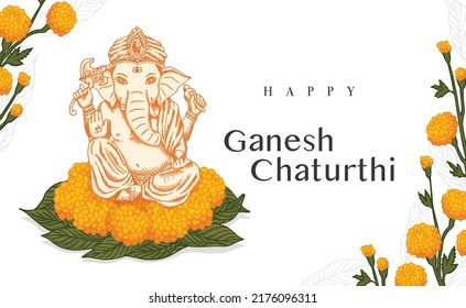 celebrate Ganesh Chaturthi elephant worship and worship  yellow flowers   mango leaf  retro old line art etching vector