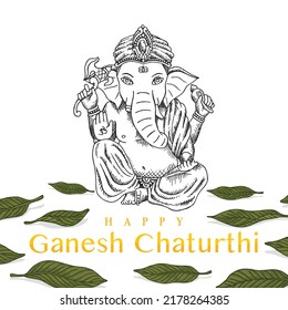 celebrate Ganesh Chaturthi elephant worship with mango leaf  retro old line art etching vector