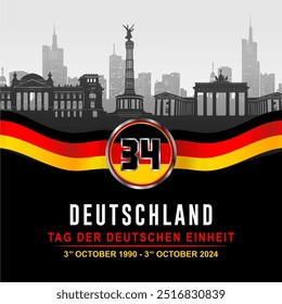 Celebrate the German Unity Day (Tag Der Deutschen Einheit) on 3rd October with silhouettes of historical landmarks and skyscrapers,maps and wavy ribbons. German Unification Banner.V ector illustration