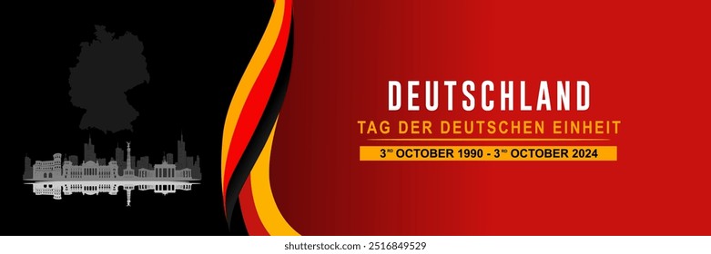 Feiern Sie den Tag der Deutschen Einheit am 3. Oktober mit Silhouetten historischer Wahrzeichen und Wolkenkratzer, Karten und gewellten Bändern. Deutsches Vereinigungsbanner.V, Vektorgrafik