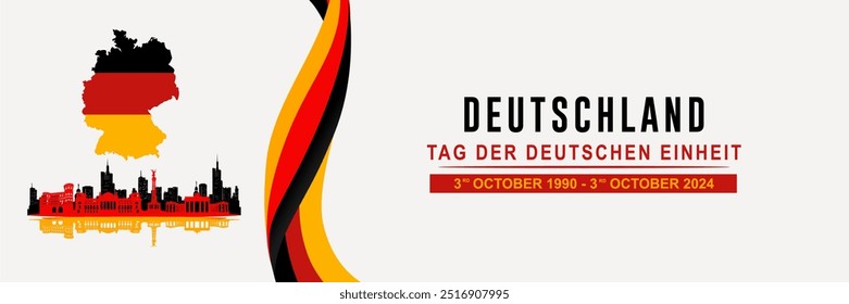 Feiern Sie den Tag der Deutschen Einheit am 3. Oktober mit Silhouetten historischer Wahrzeichen und Wolkenkratzer, Karten und gewellten Bändern. Banner der deutschen Vereinigung. Vektorgrafik