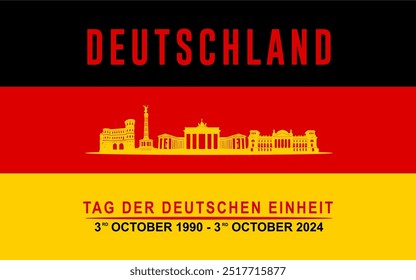 Celebrate the German Unity Day (Tag Der Deutschen Einheit) on 3rd October with silhouettes of historical landmarks with the German flag in the background. German Unification Banner. Vector illustratio