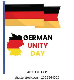 Feiern Sie den Tag der Deutschen Einheit am 3. Oktober mit Silhouetten historischer Wahrzeichen und Wolkenkratzer, Karten und gewellten Bändern. Banner der deutschen Vereinigung. Vektorgrafik