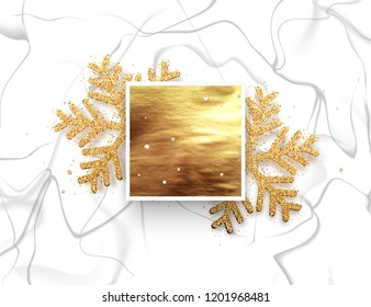 Celebrate golden frame. Gold winter ornament with snowflakes texture and marble and precious stones in the background