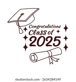 Celebrate graduates with this Class of 2025 greeting sign featuring a cap, diploma, and handwritten brush lettering—perfect for cards, posters, and graduation decorations.