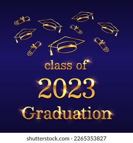 Celebrate graduation. Golden graduation cap, a diploma scroll, and a congratulatory message on a dark blue background. Perfect for invitations, posters, and other graduation themed designs. Vector.