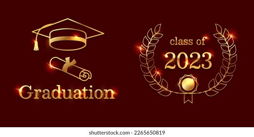 Celebrate graduation with style using this elegant invitation or greeting card featuring a gold graduation cap and text. Vector illustration.