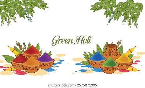 Celebrate a Green Holi with vibrant, eco-friendly colors, symbolizing the joyous occasion of the festival. The image features colorful powders (gulal) in earthen pots, surrounded by lush green leaves,