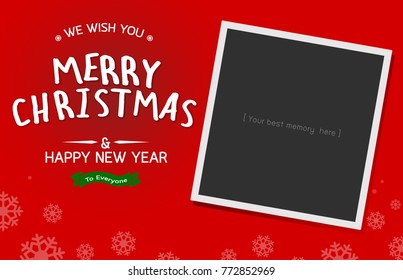 Celebrate Greeting Card Merry Christmas Happy New Year Instant Photo Frame Template With Snowflakes Red Background, Illustration Vector