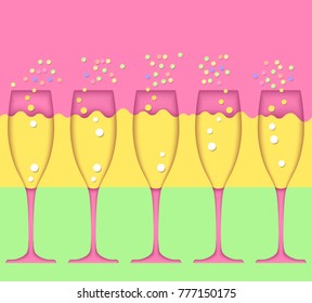 Celebrate! Greeting card template with glasses of champagne and confetti. Paper cut art seamless border for print or web. Flat style vector illustration.