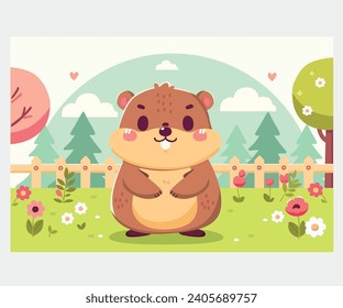 Celebrate Groundhog Day in style with a cheerful and festive greeting card illustration featuring a cute groundhog