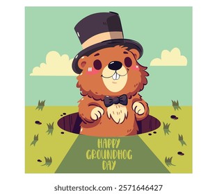 Celebrate Groundhog Day with this vibrant vector illustration, featuring a cheerful groundhog emerging from its burrow against a bright, festive background