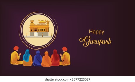 Celebrate Gurpurab with devotees meditating in front of the Golden Temple, symbolizing unity and devotion