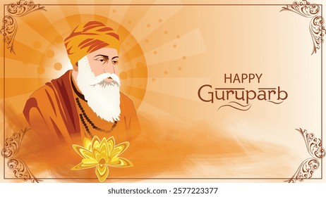 Celebrate Gurpurab with an illustration of Guru Nanak and a lotus flower, symbolizing purity and enlightenment