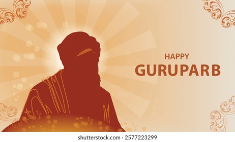 Celebrate Gurpurab with the silhouette of Guru Nanak against a radiant backdrop, symbolizing enlightenment