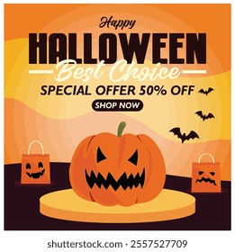 Celebrate Halloween with colorful promotional graphics featuring carved pumpkins, bats and shopping bags. Enjoy special offers with seasonal themes. Flat vector modern illustration 