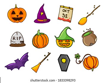 Celebrate Halloween Creatively with Hand-drawn Elements: Pumpkin, Witch Hat, Broomstick, Cauldron, and Coffin. Great for Artistic Projects and Seasonal Marketing