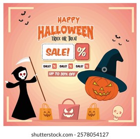 Celebrate Halloween with festive sale ads featuring Halloween icons including jack o lanterns, scary decorations and sale banners encouraging shoppers. Flat vector modern illustration 