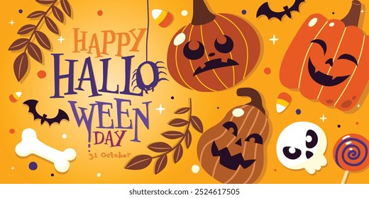 Celebrate Halloween with jack o' lantern, candy, skull, and autumn leaves on an orange background. Perfect for Halloween parties, decorations, and spooky fall celebration, Vector, Illustration