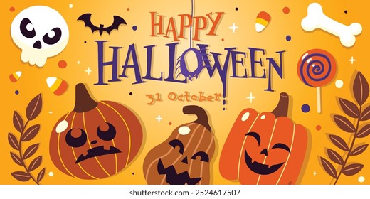 Comemore o Halloween com jack o' lanterna, doces, caveira e folhas de outono em um fundo laranja. Perfeito para festas de Halloween, decorações e celebração de queda assustadora, Vetor, Ilustração