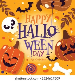 Celebrate Halloween with jack o' lantern, candy, skull, and autumn leaves on an orange background. Perfect for Halloween parties, decorations, and spooky fall celebration, Vector, Illustration